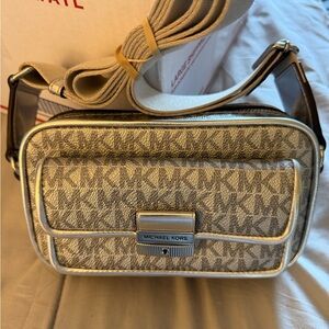 Michael Kors Silver and Cream Logo Shoulder Bag
